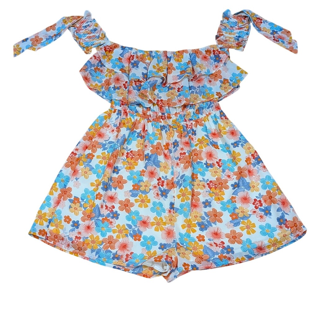 Lush Womens Romper Small Floral Orange Blue Ruffle Lined Vacation Lightweight